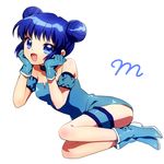  1girl :d aizawa_mint arm_garter bare_shoulders blue_eyes blue_hair boots chiji choker double_bun garters gloves hair_bun leg_garter leotard magical_girl mew_mint open_mouth simple_background smile solo tokyo_mew_mew 