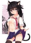  animal_ears black_eyes black_hair breasts cat_ears cat_tail covered_nipples graveyard highres long_hair medium_breasts mvv necktie open_clothes open_shirt original panties pinky_out school_uniform shirt skirt skirt_lift solo standing stitches tail thighhighs underwear 