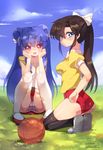  adjusting_buruma adjusting_clothes ass basketball blue_eyes blue_hair blush bow breasts brown_hair buruma cameltoe covered_nipples double_bun hair_bow heart heart-shaped_pupils highres kneeling kuonji_ukyou long_hair medium_breasts multiple_girls mvv panties pink_eyes ponytail ranma_1/2 shampoo_(ranma_1/2) skirt smile squatting striped striped_panties symbol-shaped_pupils thighhighs underwear upskirt very_long_hair 