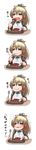  4koma :t brown_hair comic commentary didloaded eating food fork kantai_collection knife kumano_(kantai_collection) long_hair long_image ponytail steak tall_image translated utensil 