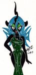  anthro anthrofied breasts cat_eyes changeling cleavage clothed clothing dress eyeshadow female friendship_is_magic green_eyes green_hair hair holes horn looking_at_viewer makeup my_little_pony newyorkx3 plain_background queen_chrysalis_(mlp) slit_pupils solo sparkles standing white_background wide_hips wings 