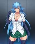  blue_hair breasts brown_eyes cleavage contrapposto elbow_gloves gloves jewelry large_breasts long_hair miniskirt muscle necklace original skirt solo standing thighhighs utako623 very_long_hair zettai_ryouiki 