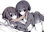  blush bottomless holding_hands interlocked_fingers long_hair long_sleeves looking_at_viewer monochrome multiple_girls original oryou pillow pussy_juice scarf shared_scarf simple_background spot_color thighhighs white_background yuri 