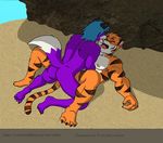  anal anal_penetration blue_hair butt canine claws feline fur hair missionary_position muscles nipples open_mouth penetration presenting presenting_hindquarters purple_fur rthur sex stripes tiger wolf 