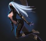 alternate_costume artist_request bodysuit boots breasts center_opening dark_background gloves hips irelia large_breasts league_of_legends long_hair mask navel nightblade_irelia red_eyes silver_hair solo source_request 