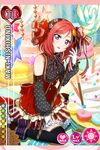  artist_request bare_shoulders black_legwear bow candy candy_wrapper card_(medium) character_name detached_sleeves food frilled_skirt frills gloves hair_ornament lollipop looking_at_viewer love_live! love_live!_school_idol_festival love_live!_school_idol_project macaron nishikino_maki official_art oversized_object parted_lips polka_dot polka_dot_sleeves purple_eyes red_hair sitting skirt solo star star_print sweets swirl_lollipop thighhighs wariza 