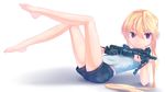  barefoot blonde_hair dreadtie gun long_hair original purple_eyes shorts weapon 