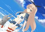  blonde_hair blue_eyes cloud cloudy_sky day dutch_angle elbow_gloves from_behind gloves hairband highres kantai_collection kiki_(tsunya) lens_flare long_hair looking_back miniskirt ocean rensouhou-chan sailor_collar shimakaze_(kantai_collection) skirt sky solo striped striped_legwear thighhighs very_long_hair 