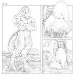  anthro city claws crossed_arms crunch crush destruction dinosaur flaccid gay hindpaw looking_down macro male muscles nude paws penis scalie solo talons theropod 