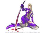  artist_name blonde_hair blood bloody_weapon blue_eyes bodysuit braid breasts covered_navel death_by_degrees elbow_gloves gloves high_heels katana knee_pads lipstick long_hair makeup nina_williams reverse_grip roberto_ferrari single_braid skin_tight solo source_request sword tekken torn_bodysuit torn_clothes weapon white_background 