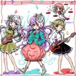  :&lt; alternate_hair_color arm_up band bare_legs barefoot beamed_sixteenth_notes blouse blush_stickers boots bow dress drum drum_set eighth_note electric_guitar fang flower flying fox_mask guitar hair_flower hair_ornament hand_on_hip hata_no_kokoro horikawa_raiko instrument juliet_sleeves lavender_hair light_brown_hair long_hair long_sleeves looking_at_viewer mask multiple_girls music musical_note nanashii_(soregasisan) one_eye_closed open_mouth plaid plaid_shirt playing_instrument puffy_sleeves red_eyes red_hair shirt short_hair silver_eyes silver_hair simple_background sixteenth_note skirt sleeves_past_wrists staff_(music) star touhou treble_clef tsukumo_benben tsukumo_yatsuhashi walking white_background x yellow_eyes 