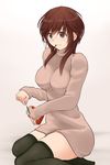  amagami blush breasts brown_eyes brown_hair dress food ganganganso gradient gradient_background highres large_breasts looking_to_the_side pocky sakurai_rihoko simple_background sitting solo sweater sweater_dress thighhighs turtleneck 