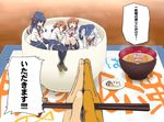  akagi_(kantai_collection) akatsuki_(kantai_collection) black_legwear bowl brown_eyes brown_hair chopsticks failure_penguin folded_ponytail food gloves hat hibiki_(kantai_collection) i-58_(kantai_collection) ikazuchi_(kantai_collection) in_bowl in_container in_food inazuma_(kantai_collection) kantai_collection kneehighs loafers minazuki_tsuyuha minigirl miso_soup miss_cloud multiple_girls navy_blue_legwear pantyhose partly_fingerless_gloves pleated_skirt rice rice_bowl school_uniform serafuku shoes skirt soup thighhighs translated yugake 