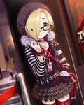  animated animated_gif bags_under_eyes belt bespectacled blonde_hair brown_eyes derivative_work earrings glasses hair_over_one_eye idolmaster idolmaster_cinderella_girls jewelry lowres necklace official_art ring shirasaka_koume striped striped_sleeves thighhighs 