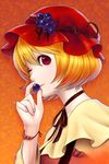  aki_minoriko blonde_hair bracelet food food_themed_clothes fruit grapes hat highres jewelry kageharu neck_ribbon one_eye_closed orange_background red_eyes ribbon short_hair simple_background smile solo touhou 