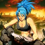  barbed_wire bare_shoulders blue_eyes blue_hair boots breasts cleavage frown genzoman gloves knife large_breasts leona_heidern midriff ponytail solo tank_top the_king_of_fighters the_king_of_fighters_xiii trench weapon 