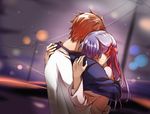  couple emiya_shirou fate/stay_night fate_(series) hair_ribbon hug long_hair lorein matou_sakura purple_hair raglan_sleeves red_hair ribbon tears 