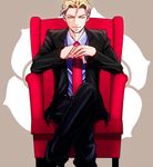  blonde_hair blue_eyes couch formal jojo_no_kimyou_na_bouken kira_yoshikage male_focus necktie sitting solo suit u_(lastcrime) 