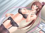  1girl areolae blush bra breasts brown_hair cleavage curtains game_cg garter_straps green_eyes hair_ribbon higami_hideo highres ikutaka_kumiko large_breasts legs long_hair looking_at_viewer nipples open_mouth panties ponytail potage_(company) ribbon ryoshuu_onna_kyoushi:_nikuyoku_no_houkago see-through smile solo standing thighhighs thighs underwear 