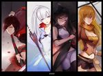  bad_id bad_pixiv_id black_hair blake_belladonna blonde_hair bow breasts cleavage column_lineup copyright_name crescent_rose cross gambol_shroud long_hair medium_breasts multiple_girls myrtenaster navel pantyhose ponytail purple_eyes qqwew00123 ruby_rose rwby scar scar_across_eye short_hair silver_eyes small_breasts smile sword weapon weiss_schnee white_hair yang_xiao_long yellow_eyes 