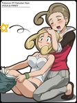  :d ^_^ awa between_breasts blonde_hair blush blush_stickers breasts brown_hair character_name cleavage closed_eyes copyright_name earrings green_eyes head_between_breasts jewelry kneeling large_breasts multiple_girls navel open_mouth pansy_(pokemon) panties pokemon pokemon_(game) pokemon_xy short_hair siblings sisters sitting smile star tank_top underwear undressing viola_(pokemon) wide-eyed wristband 