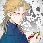  blonde_hair dio_brando earrings food fruit jewelry jojo_no_kimyou_na_bouken male_focus nail_polish pomegranate red_eyes rui_yuda solo 