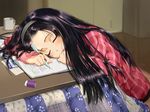  black_hair blush cup dokiyuri eraser hairband highres kotatsu long_hair mechanical_pencil mug original pencil sleeping table 