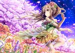  blue_eyes blue_sky brown_hair cherry_blossoms day field flower flower_field hair_flower hair_ornament jewelry long_hair looking_away looking_back midriff necklace original petals shirt short_sleeves skirt sky solo tree wind yuya_(night_lily) 