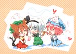  animal_ears arm_support bad_id bad_pixiv_id blue_eyes brown_hair bug butterfly cat_ears cat_tail chen chibi closed_eyes drooling earrings food food_on_face hair_ribbon hairband hat heart ice_cream inose_riku insect jewelry konpaku_youmu konpaku_youmu_(ghost) multiple_girls multiple_tails open_mouth pink_hair ribbon saigyouji_yuyuko short_hair silver_hair tail touhou 