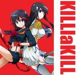  back-to-back black_hair blue_eyes breasts epaulettes fingerless_gloves funmatu gloves grin junketsu katana kill_la_kill kiryuuin_satsuki large_breasts long_hair long_sleeves matoi_ryuuko multicolored_hair multiple_girls navel red_hair school_uniform scissor_blade senketsu sheath short_hair skirt smile streaked_hair suspenders sword thighhighs two-tone_hair unsheathed weapon 