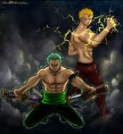  abs artist_name aura blonde_hair crossover deviantart_username dual_wielding earrings electricity fairy_tail fighting_stance green_hair highres holding jeannette11 jewelry katana laxus_dreyar male_focus multiple_boys one_piece roronoa_zoro scar sheath sheathed shirtless short_hair sword unsheathing watermark weapon web_address 
