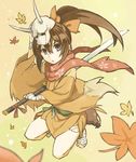  bandages barefoot brown_hair grey_eyes hair_between_eyes hair_ornament horns japanese_clothes looking_at_viewer obi open_mouth original sash scarf seiza senhappyaku sitting skull solo sword weapon 