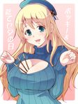  :d atago_(kantai_collection) between_breasts blonde_hair blush breasts cleavage cleavage_cutout e20 food forearms_at_chest green_eyes hat kantai_collection large_breasts long_hair looking_at_viewer meme_attire open-chest_sweater open_mouth pink_background pocky pocky_day ribbed_sweater smile solo sweater translated turtleneck upper_body 