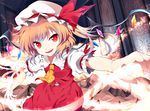  ascot bad_id bad_pixiv_id blonde_hair fangs flandre_scarlet hat hat_ribbon highres laevatein looking_at_viewer mizukami_ryouma mob_cap perspective puffy_sleeves ribbon shirt short_sleeves side_ponytail skirt smile solo touhou vest wings 