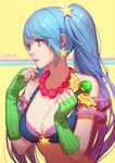  aqua_hair arcade_sona ask_(askzy) bare_shoulders beads bikini blue_bikini blue_eyes blue_hair breasts cleavage earrings fingerless_gloves gloves gradient_hair green_gloves hair_ornament jewelry large_breasts league_of_legends lips long_hair looking_away multicolored_hair nail_polish necklace solo sona_buvelle star star_earrings striped swimsuit twintails upper_body vertical_stripes 