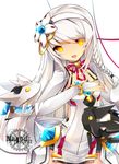  absurdres bad_id bad_pixiv_id braid bridal_gauntlets code:_electra_(elsword) detached_collar elsword eve_(elsword) hairband highres long_hair moby_(elsword) remy_(elsword) robot sheltea skirt smile solo tattoo white_background white_hair yellow_eyes 