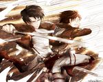  belt black_hair blown_air boots brown_hair clenched_teeth cravat dress_shirt eren_yeager green_eyes holding holding_sword holding_weapon jacket knee_boots levi_(shingeki_no_kyojin) masamune_(eight5050) midair motion_lines multiple_boys paradis_military_uniform shingeki_no_kyojin shirt signature survey_corps_(emblem) sword teeth three-dimensional_maneuver_gear weapon 