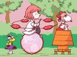  bird bow chamupei charles_schulz_(style) cosplay doghouse drum drum_set drumsticks grin hair_bow hair_tubes hakurei_reimu hakurei_reimu_(cosplay) hat horikawa_raiko instrument kirisame_marisa kirisame_marisa_(cosplay) mushroom peanuts red_hair sitting_on_drum smile snoopy taiko_drum touhou tree witch_hat woodstock 