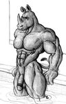  abs anthro balls biceps big_muscles flaccid horn male mammal monochrome muscles nipples nude pecs penis pool pose presenting rhinoceros sheath sketch solo standing sudonym thick_penis vein water wet 