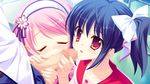  16:9 1boy 2girls blue_hair blush censored collarbone double_fellatio eyes_closed fellatio game_cg group_sex hasegawa_yukino iinazuke_wa_imouto-sama! long_hair multiple_fellatio multiple_girls oral penis pink_hair red_eyes sex teamwork usami_haruka_(iinazuke_wa_imouto-sama!) usami_yuuna 