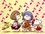  bird biwa_lute blue_hair bow broom broom_riding brown_hair chamupei charles_schulz_(style) cosplay dancing hair_bow hair_tubes hakurei_reimu hakurei_reimu_(cosplay) hat instrument kirisame_marisa kirisame_marisa_(cosplay) koto_(instrument) lute_(instrument) multiple_girls music musical_note peanuts playing_instrument snoopy touhou tsukumo_benben tsukumo_yatsuhashi witch_hat woodstock 