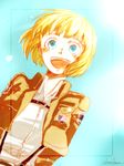  armin_arlert arms_behind_back badge blonde_hair blue_eyes blue_sky blush border cloud dress_shirt dutch_angle emblem jacket male_focus masamune_(eight5050) open_collar open_mouth paradis_military_uniform shingeki_no_kyojin shirt signature sky smile solo survey_corps_(emblem) 