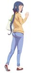  ^_^ ass bag blue_hair blush breasts closed_eyes denim full_body gundam gundam_build_fighters highres iori_rinko jeans large_breasts leaf98k long_hair looking_at_viewer mature no_socks pants ponytail ribbed_sweater scrunchie shoes shopping_bag simple_background smile solo sweater turtleneck waving 