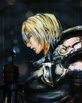  armor blonde_hair blue_eyes blurry bokeh border breastplate depth_of_field dragon's_crown fighter_(dragon's_crown) gloves hand_on_hilt highres leather leather_gloves lips male_focus masamune_(eight5050) pauldrons profile signature solo sword upper_body weapon 