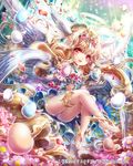  angel angel_wings anklet aurora barefoot blonde_hair copyright_name egg feathered_wings flower hairband halo head_wings hobak jewelry long_hair looking_at_viewer open_mouth petals red_eyes solo tenkuu_no_crystalia wings 
