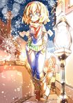  alice_margatroid alley blonde_hair blue_hair boots casual fifiruu hairband scarf snowing solo touhou 