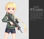  blonde_hair bullpup dreadtie gun highres holding holding_gun holding_weapon hood hood_down hoodie jessica_jefferson kel-tec kel-tec_rfb long_hair original ponytail red_eyes rifle shorts solo trigger_discipline very_long_hair weapon 