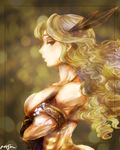  abs amazon_(dragon's_crown) armlet armor bare_shoulders bikini_armor black_feathers blonde_hair blurry bokeh border breasts circlet crossed_arms depth_of_field dragon's_crown feathers gloves hair_feathers highres large_breasts leather leather_gloves lips long_hair masamune_(eight5050) midriff muscle muscular_female profile purple_eyes scale_armor sideboob sideways_glance signature solo upper_body veins wavy_hair 
