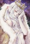  :3 animal_ears breasts claws cleavage closed_eyes crown fur_coat long_hair medium_breasts original solo toyoda_izumi white_hair 