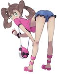  1girl ass back bag bent_over blush breasts brown_hair cameltoe dark_skin denim denim_shorts dutch_angle ears erokosei from_behind full_body green_eyes handbag heels high_heels highres hips kinnotama_(erokosei) kneepits legs letterboxed long_hair looking_at_viewer looking_back midriff nintendo open_mouth panties pointing pointing_at_viewer poke_ball pokemon pokemon_(game) pokemon_xy purse quad_tails sana_(pokemon) shiny shirt shoes short_shorts shorts small_breasts smile solo spread_legs twintails underwear v wide_hips wrist_cuffs wristband 